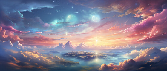 Kraina w przestworzach - podniebny świat. Tło z chmurami i obłokami w powietrzu ponad górami. Rajski i kosmiczny obraz. 