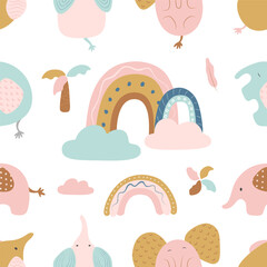 Cute seamless pattern. Pink and blue elephants, palm tree, rainbows on a white isolated background. Vector children's illustration. Suitable for fabric, wallpaper, clothing, paper.
