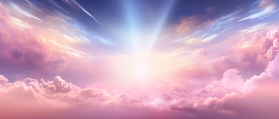 Niebiańska światłość - tło pełne chmur, obłoków i promieni światła. Rajska kraina - obrazy, fototapety, plakaty