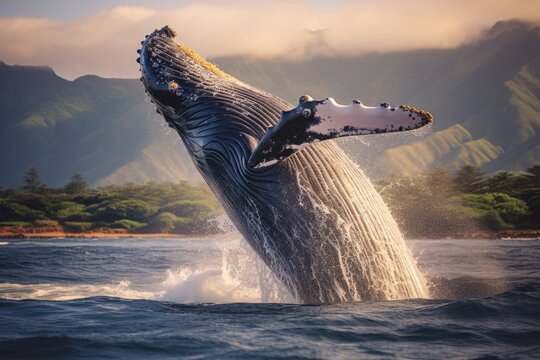 A majestic humpback whale leaping out of the ocean