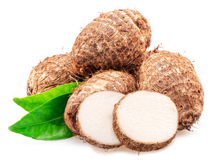 Raw organic eddoe or taro corms and cross slices isolated on white background.