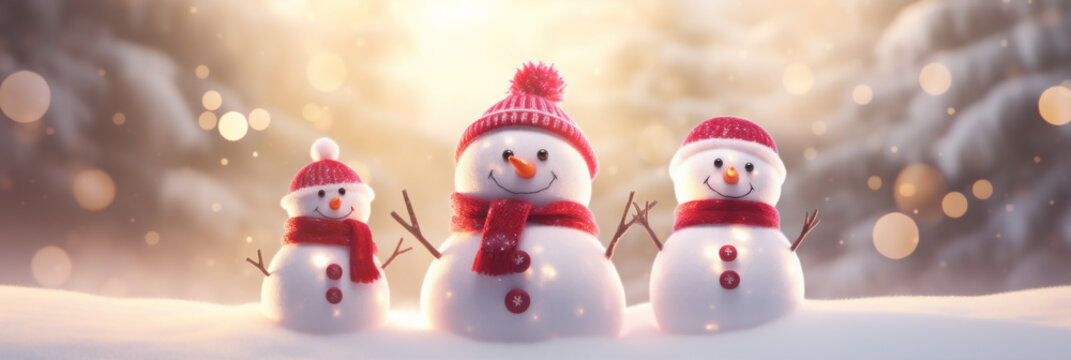 Snowman family in red cap and scarf standing in snowy forest. Merry Christmas and Happy New Year banner.