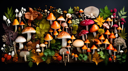 A diverse collection of freshly foraged mushrooms found in the colorful autumn forests 