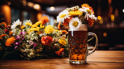 A frothy beer mug adorned with traditional Bavarian trachten symbolizing the vibrant joy of Oktoberfest celebrations 
