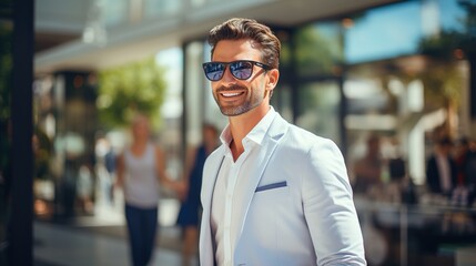 Fototapeta premium Portrait of a handsome, confident stylish businessman. Fashionable modern man dressed in an elegant white classic suit on the background of a street in a European city in sunglasses