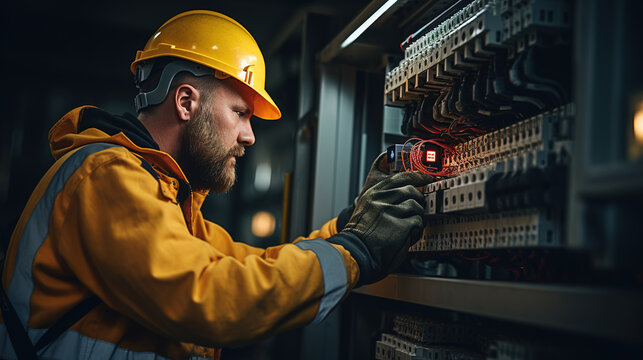 A male electrician works in a switchboard with an electrical connecting cable. Working professions concept