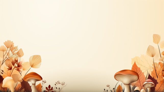 A cozy autumnal forest setting filled with fallen leaves and mushrooms background with empty space for text 