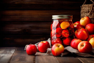 Canned apples. Jar with canned apples and fresh apples on wooden table