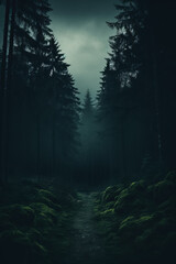 Fototapeta premium A misty forest with haunting trees shrouded in darkness background with empty space for text 