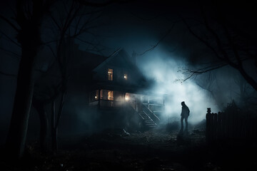 A mysterious silhouette of a haunted house engulfed in an eerie fog awaits brave souls on ghost tours 