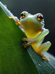 Close-up photo of a green frog on banana leaf