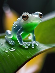 Close-up photo of a green frog on banana leaf