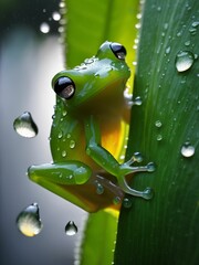 Close-up photo of a green frog on banana leaf