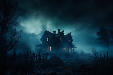 A spooky haunted house with eerie lighting and fog background with empty space for text 