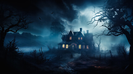 Fototapeta na wymiar A spooky haunted house with eerie lighting and fog background with empty space for text 