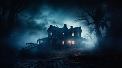 A spooky haunted house with eerie lighting and fog background with empty space for text 