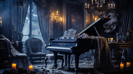 A spooky living room transformed into a haunted mansion: flickering candles cobwebs and a ghostly draped piano 