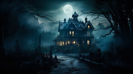A spooky Victorian mansion with an eerie fog surrounding it background with empty space for text 