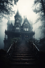 Fototapeta na wymiar A spooky Victorian mansion with an eerie fog surrounding it background with empty space for text 