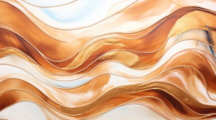 Obraz premium Abstract brown golden shiny glow wavy background. Gold glitter waves in earth tone colors textured design. Luxury caramel chocolate cocoa coffee fluid texture. .