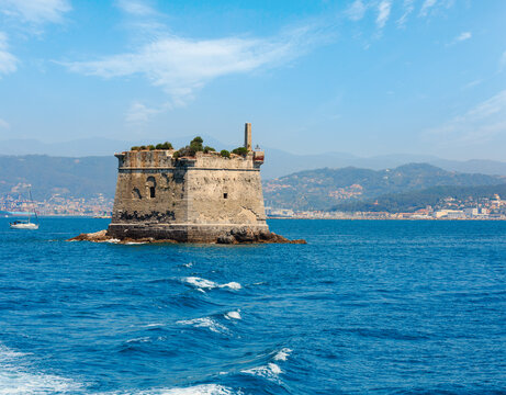 Scola Tower (tower of St. John the Baptist) - is a former military building just near Palmaria island in Portovenere, in the Gulf of Poets (La Spezia, Liguria, Italy). People unrecognizable.