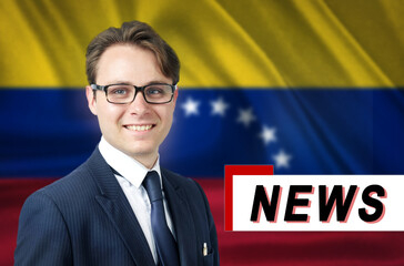 News anchor, tells the latest news, smiling, against the background of the flag of Venezuela