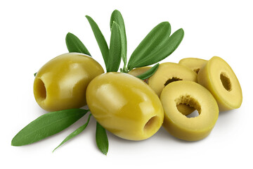 Green olives with leaves isolated on a white background with full depth of field.