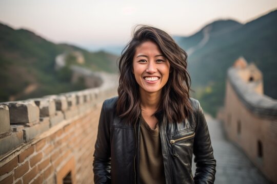 Close-up portrait photography of a grinning girl in her 30s wearing a stylish leather blazer at the great wall of china in beijing china. With generative AI technology