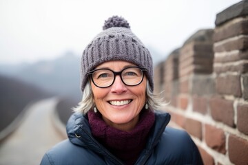 Group portrait photography of a blissful mature woman wearing a trendy beanie at the great wall of china in beijing china. With generative AI technology