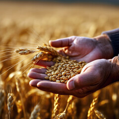 Wheat in the hands of a farmer. Grain deal concept. Hunger and food security of the world. background
