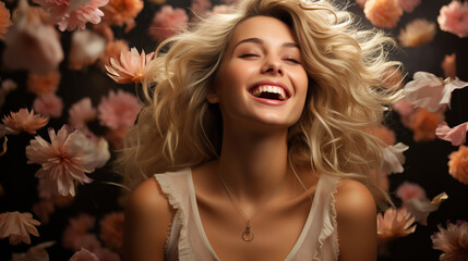Floral Radiance: Portrait of Young Woman with Beautiful Smile