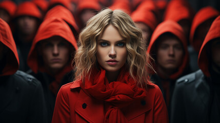 Lady in Red: Young Woman Surrounded by Men in Black
