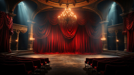 Theatrical Elegance: Empty Theater with Red Curtain 