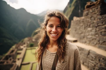 Cercles muraux Machu Picchu Medium shot portrait photography of a happy girl in her 30s wearing a long-sleeved thermal undershirt at the machu picchu in cusco peru. With generative AI technology