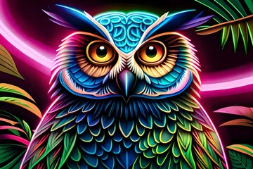Obraz premium owl, An ultra high-resolution hyper-realistic neon glowing metallic owl in close-up, looking directly into the camera while sitting on a delicate flower in the heart of the Amazon rainforest.