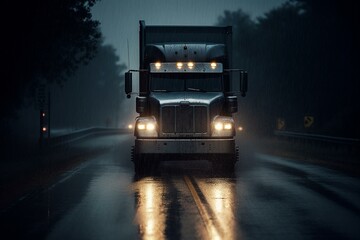 A truck with its headlights on, driving on a rain-soaked highway. Generative AI