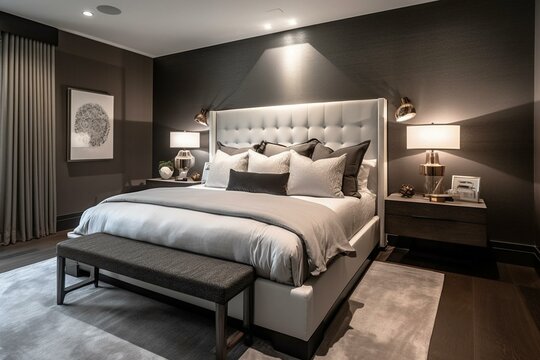 A modern bedroom with a spacious king-sized bed, elegant nightstands, and captivating lighting. Generative AI