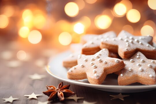 Christmas cookies on white plate with bokeh background.