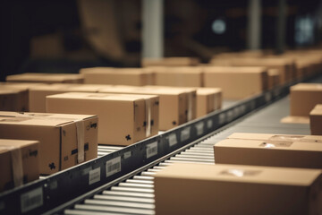 Multiple cardboard box packages moving along a conveyor belt in a warehouse center. E-commerce concept, delivery, automation and products. Generative AI.