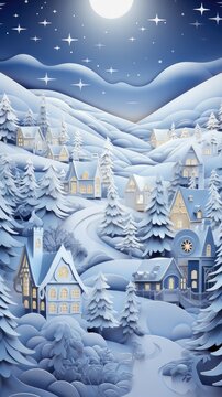 Winter Village Snow Snowy Christmas Landscape Paper Cut Phone Wallpaper Background Illustration