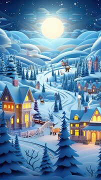 Winter Village Snow Snowy Christmas Landscape Paper Cut Phone Wallpaper Background Illustration