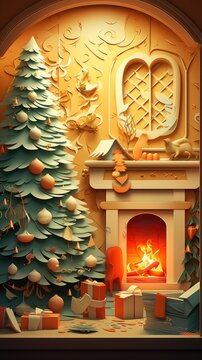 Christmas Hearth Fireplace Tree Paper Cut Phone Wallpaper Background Illustration