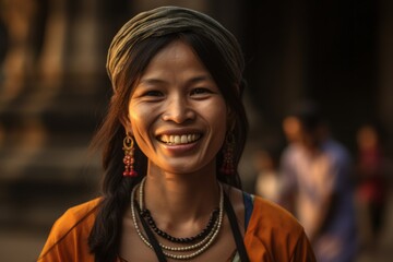 Medium shot portrait photography of a joyful girl in her 40s wearing a delicate necklace at the angkor wat in siem reap cambodia. With generative AI technology
