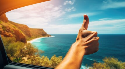 vacation stock photo of male man giving thumbs up in car, on lively seascapes,