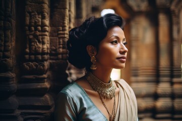 Photography in the style of pensive portraiture of a tender mature woman wearing a sparkling brooch at the angkor wat in siem reap cambodia. With generative AI technology - obrazy, fototapety, plakaty