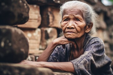 Photography in the style of pensive portraiture of a tender mature woman wearing a sparkling brooch at the angkor wat in siem reap cambodia. With generative AI technology