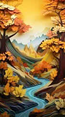 Fall Forest Colors Paper Cut Phone Wallpaper Background Illustration