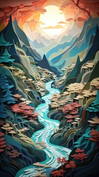 Mountain Stream Cascading Waterfall Landscape Paper Cut Phone Wallpaper Background Illustration