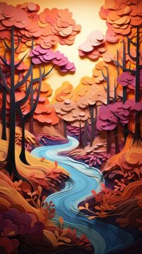 Fall Forest Colors Paper Cut Phone Wallpaper Background Illustration