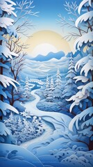 Winter Mountain Stream Lake Paper Cut Phone Wallpaper Background Illustration